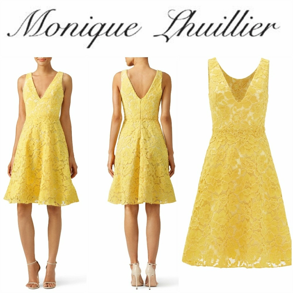 NWT Monique Lhuillier Yellow Lace Cocktail Dress - Picture 2 of 8